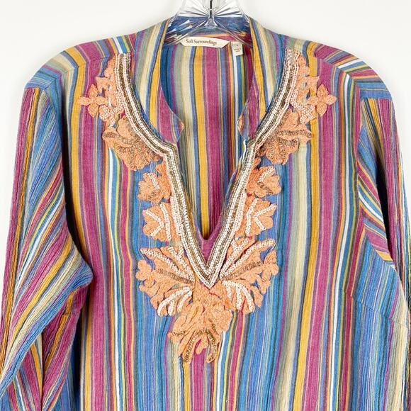 Soft Surroundings Multi Color Tunic Top Embroidered Beaded Cotton Womens Size L - Picture 4 of 11